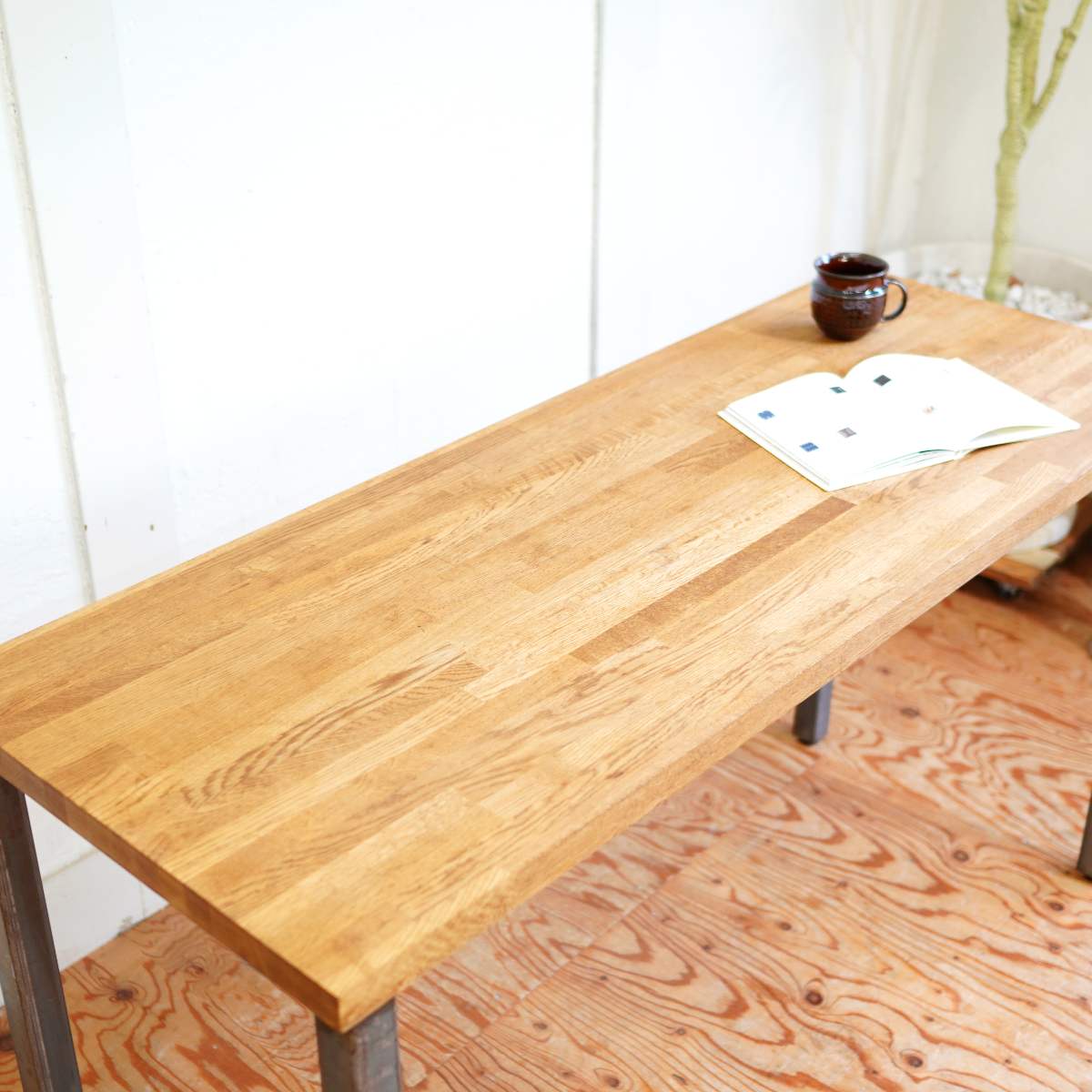 オーク無垢材×スチール脚 デスク カウンター 作業台 ロングテーブル 中古