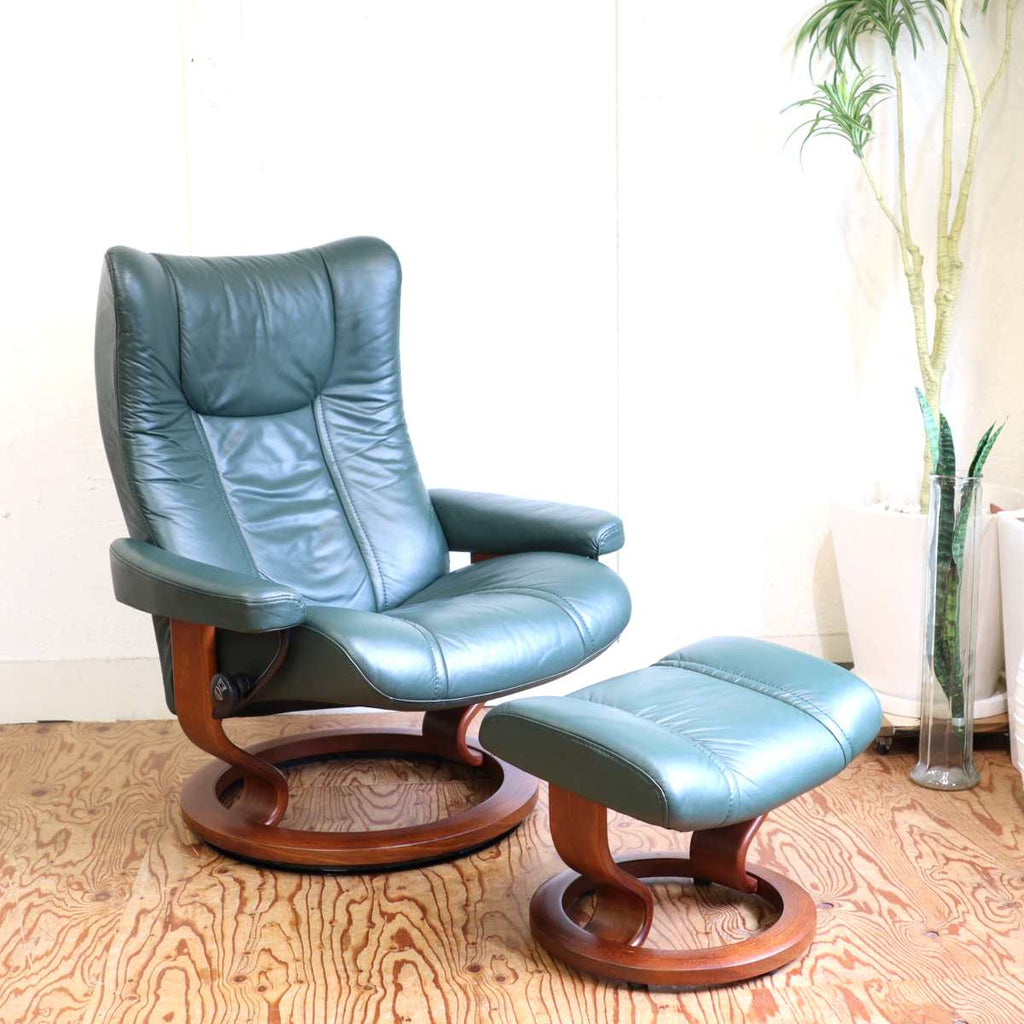 エコーネス / EKORNES ストレスレスチェア Wing Lサイズ オットマン付 本革張り グリーン 中古