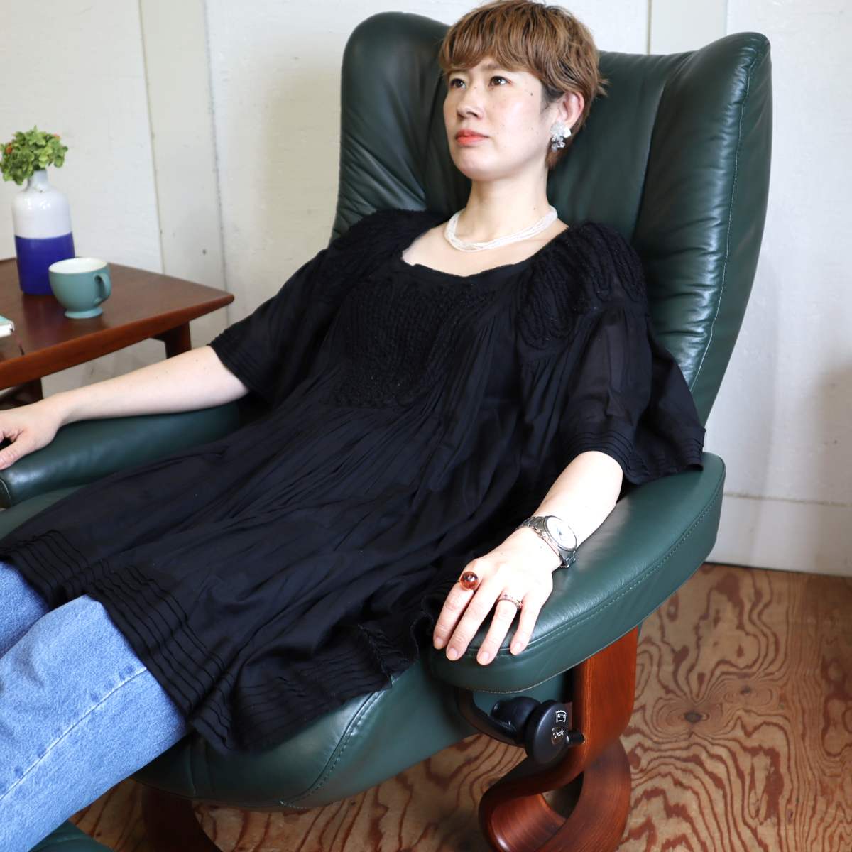 エコーネス / EKORNES ストレスレスチェア Wing Lサイズ オットマン付 本革張り グリーン 中古