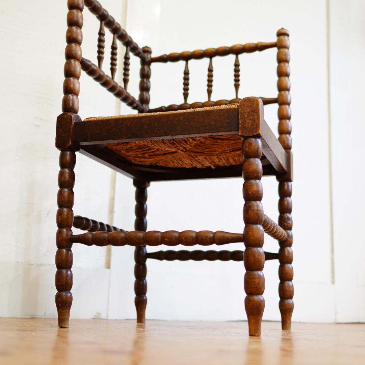 英国アンティーク コーナーチェア ボビンフレーム ラッシ張り