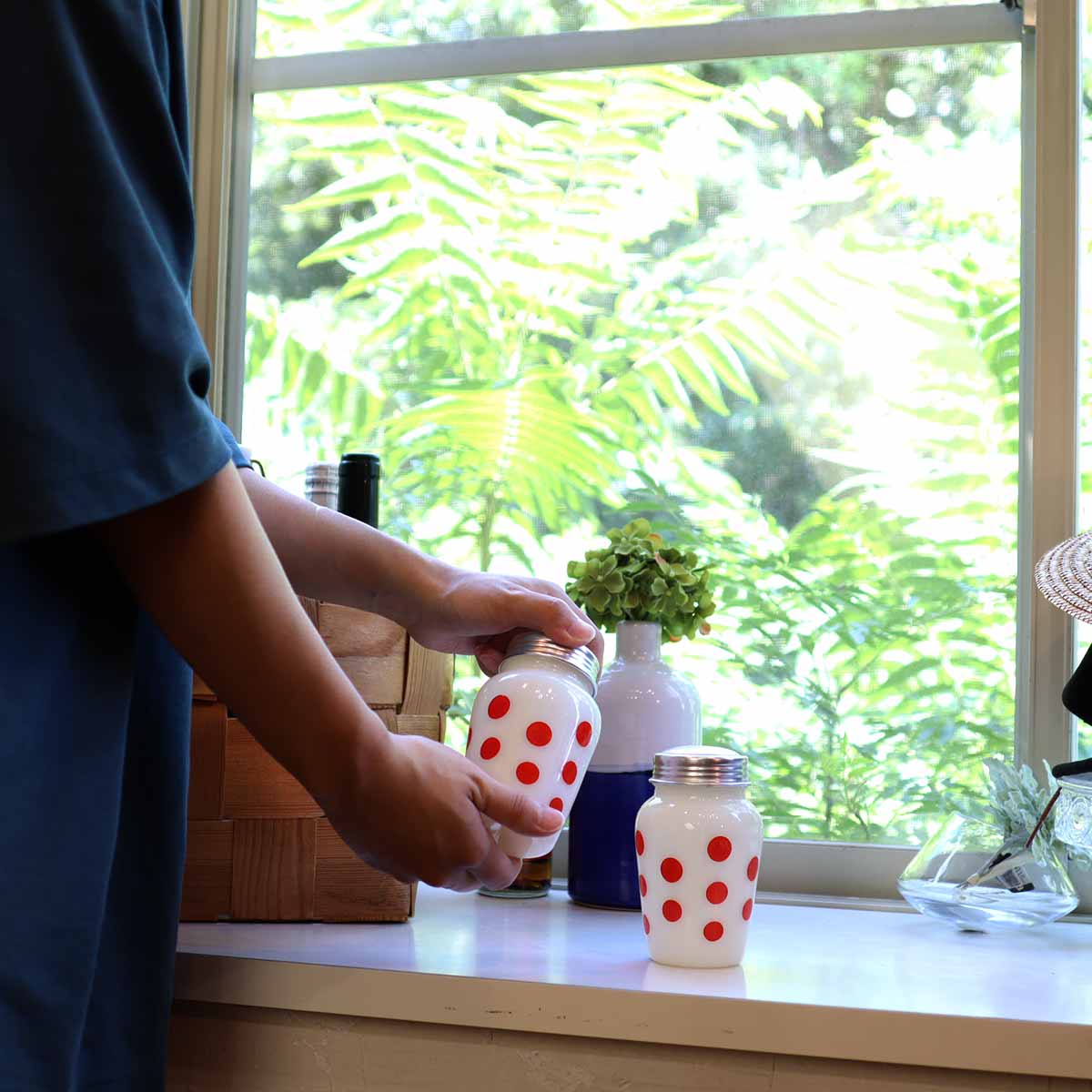 ファイヤーキング / Fire-King レッド ポルカドット ソルト&ペッパーシェイカー 2点セット ヴィンテージ