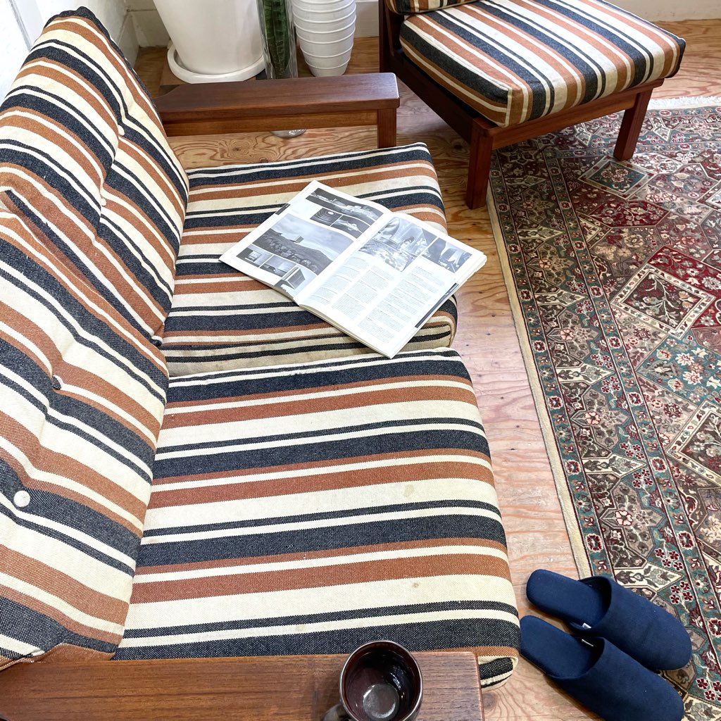 アームチェア 3Pソファ チーク材 セパレートソファ ストライプ ジャパンヴィンテージ 中古