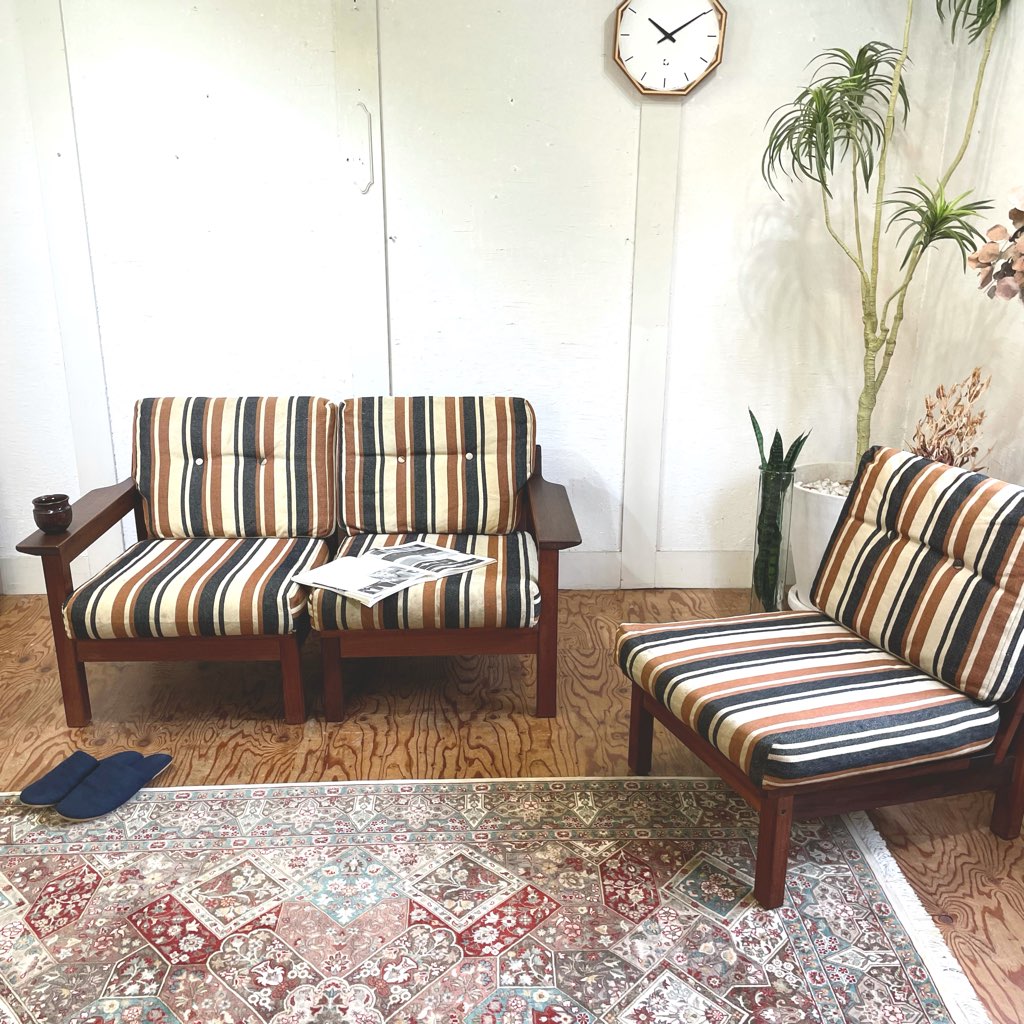 アームチェア 3Pソファ チーク材 セパレートソファ ストライプ ジャパンヴィンテージ 中古