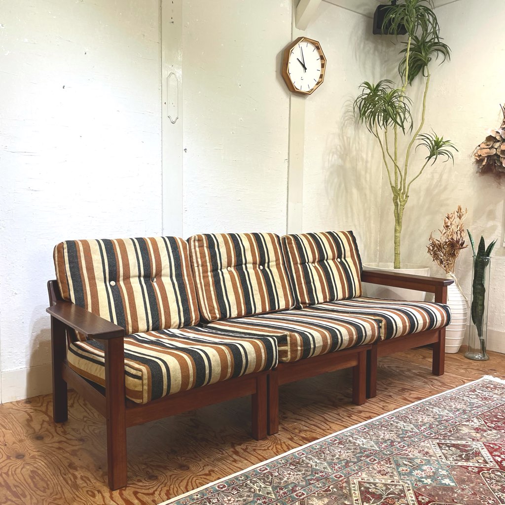 アームチェア 3Pソファ チーク材 セパレートソファ ストライプ ジャパンヴィンテージ 中古