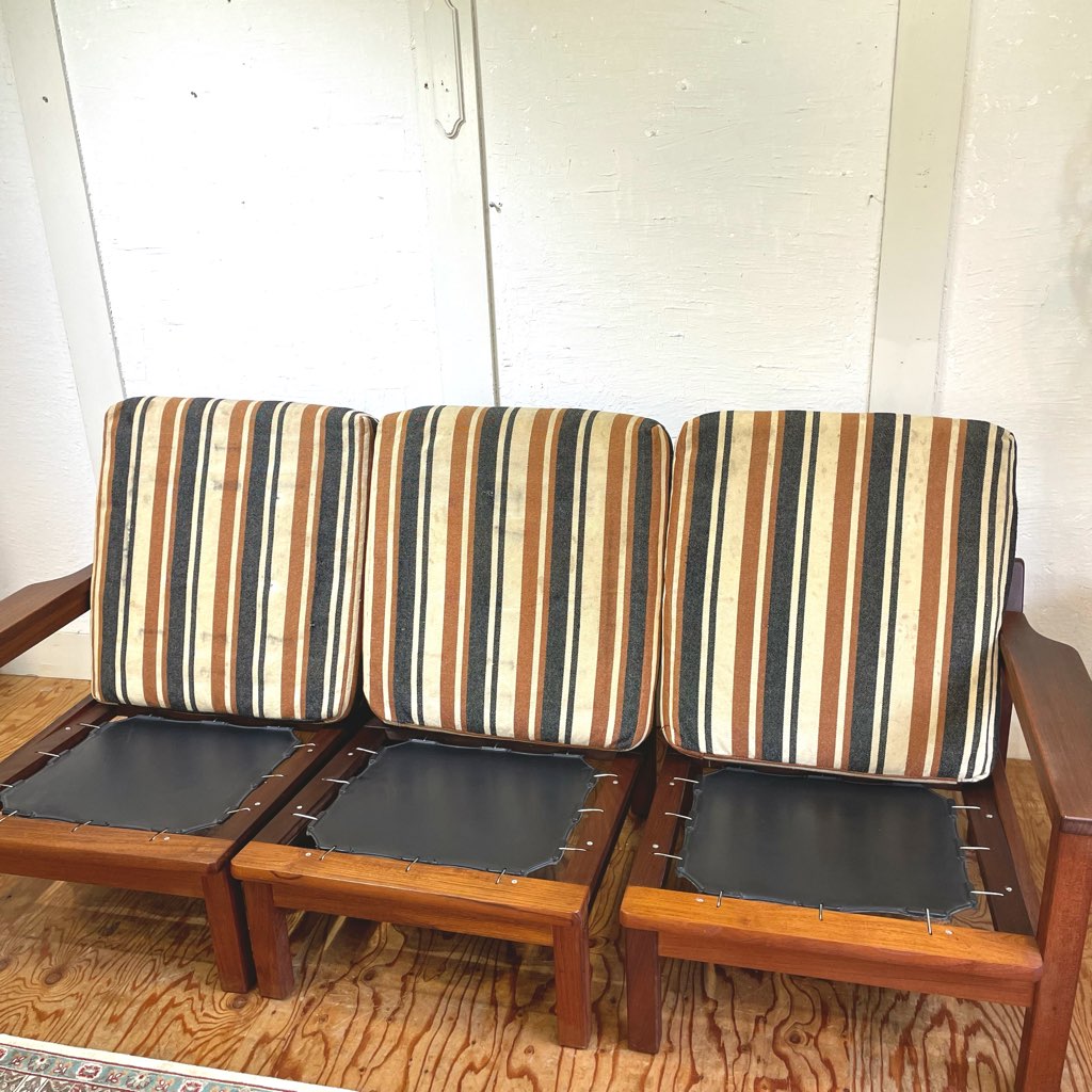 アームチェア 3Pソファ チーク材 セパレートソファ ストライプ ジャパンヴィンテージ 中古