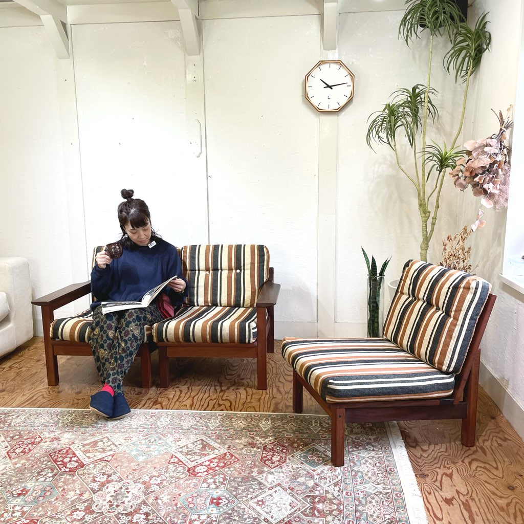 アームチェア 3Pソファ チーク材 セパレートソファ ストライプ ジャパンヴィンテージ 中古