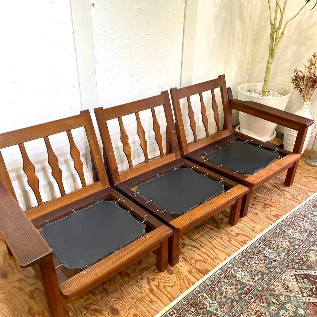 アームチェア 3Pソファ チーク材 セパレートソファ ストライプ ジャパンヴィンテージ 中古