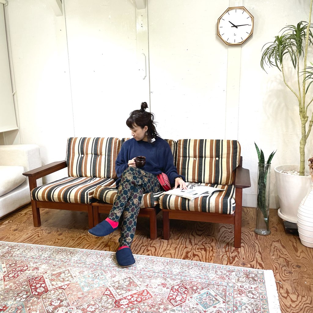 アームチェア 3Pソファ チーク材 セパレートソファ ストライプ ジャパンヴィンテージ 中古