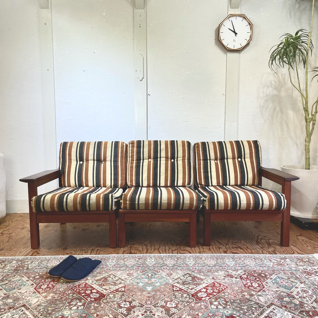 アームチェア 3Pソファ チーク材 セパレートソファ ストライプ ジャパンヴィンテージ 中古
