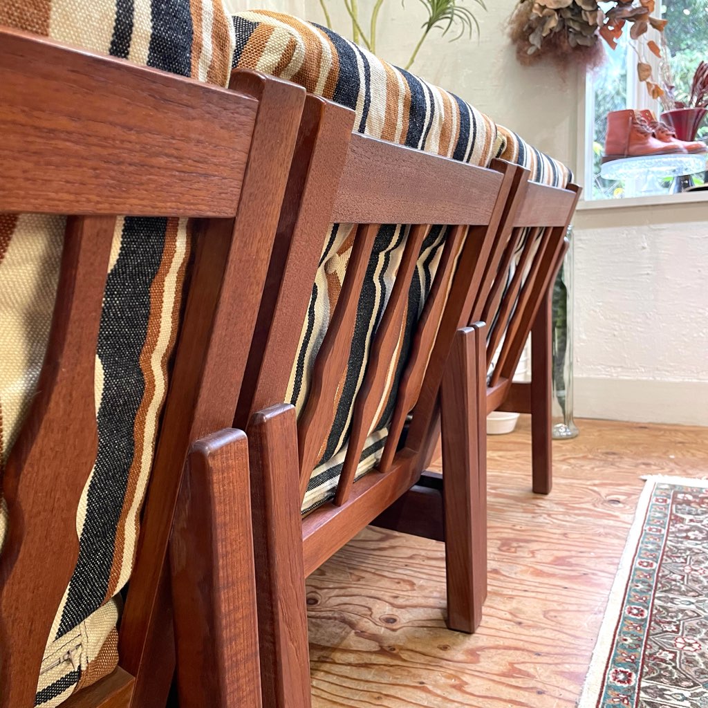 アームチェア 3Pソファ チーク材 セパレートソファ ストライプ ジャパンヴィンテージ 中古