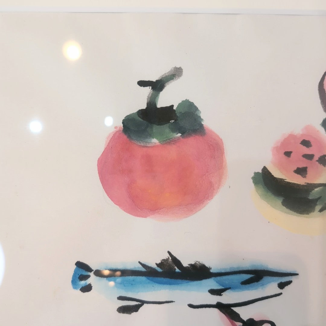 畦地梅太郎 肉筆画 「魚と果物」