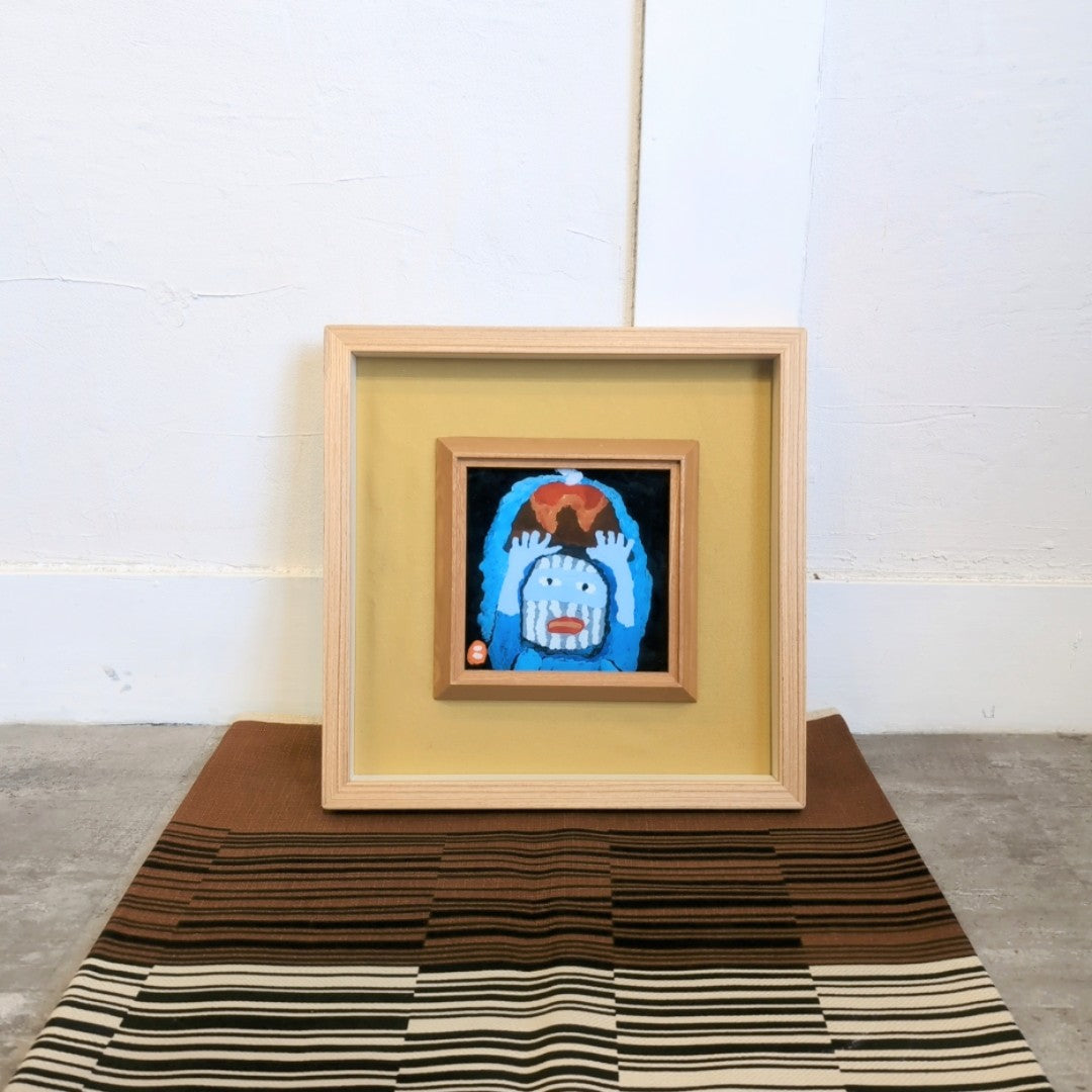 畦地梅太郎 ガラス絵 「鳥と山男」絵画 アート 中古 1点もの