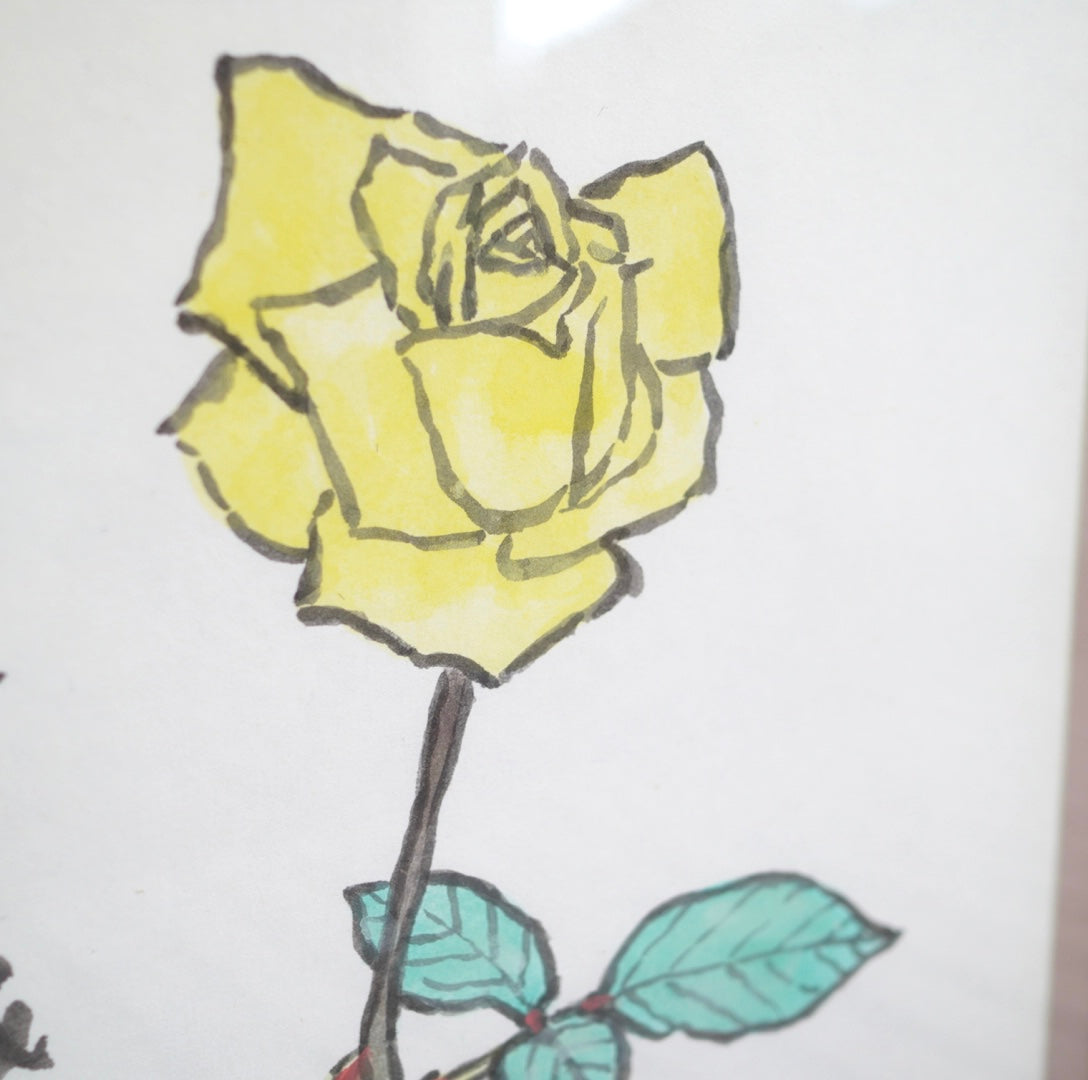 武者小路実篤「天に星 地に花 人に愛」黄色いバラ ことば絵 額装