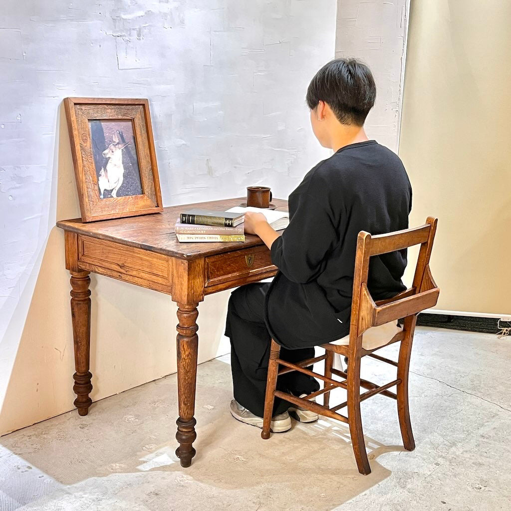 アンティーク テーブル 引出し ろくろ脚 鍵 収納 机 古道具 味わい