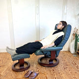 エコーネス / EKORNES ストレスレスチェア Wing Mサイズ オットマン付 本革張り グリーン 中古 ヴィンテージ