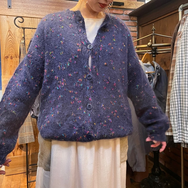 古着】カラーネップ モヘアブルー カーディガン ネイビー メンズ