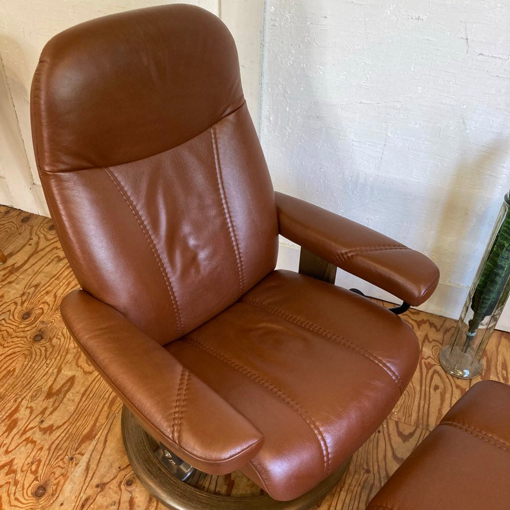 エコーネス / EKORNES ストレスレスチェア コンサル / Stressless Consul & オットマン 本革張り ブラウン 中古
