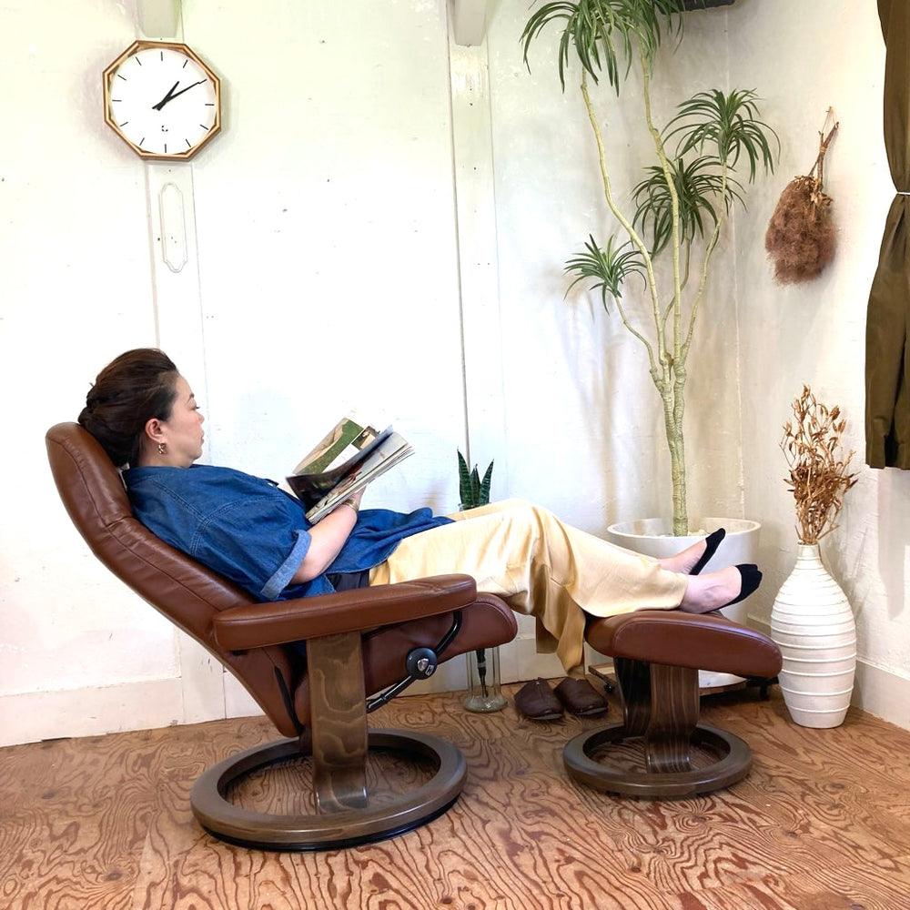 エコーネス / EKORNES ストレスレスチェア コンサル / Stressless Consul & オットマン 本革張り ブラウン 中古