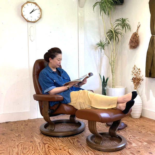 エコーネス / EKORNES ストレスレスチェア コンサル / Stressless Consul & オットマン 本革張り ブラウン 中古