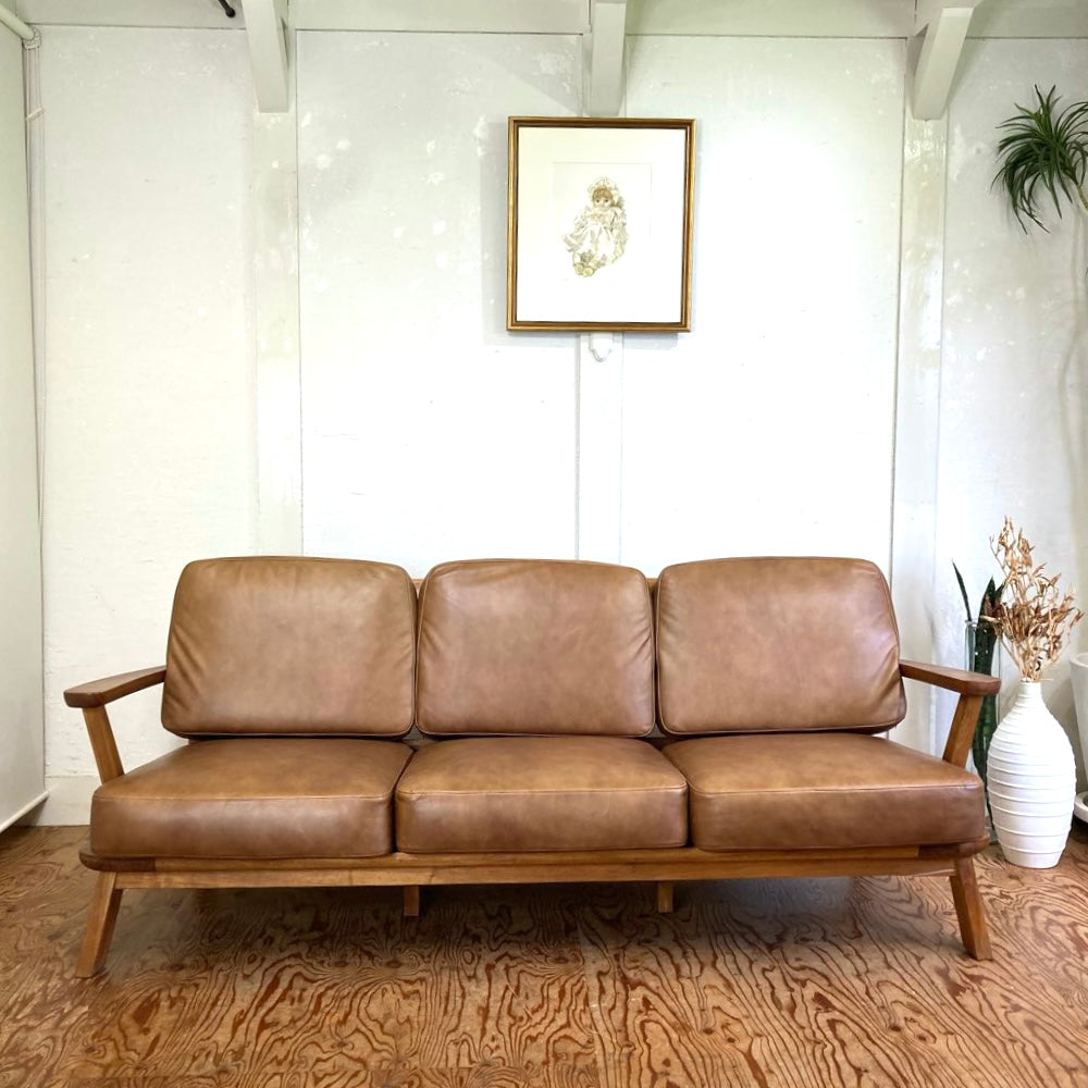 ミノ / MINO 3人掛けソファ くるみ 天然柿渋塗料 本革張り 展示品