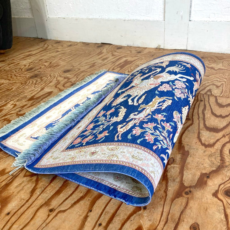 クム産 ペルシャ絨毯 ハンティング柄 敷物 ラグ ブルー