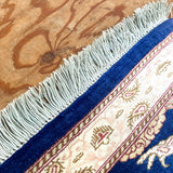 クム産 ペルシャ絨毯 ハンティング柄 敷物 ラグ ブルー 手織り シルク 玄関マット 中古