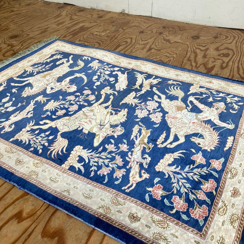 クム産 ペルシャ絨毯 ハンティング柄 敷物 ラグ ブルー