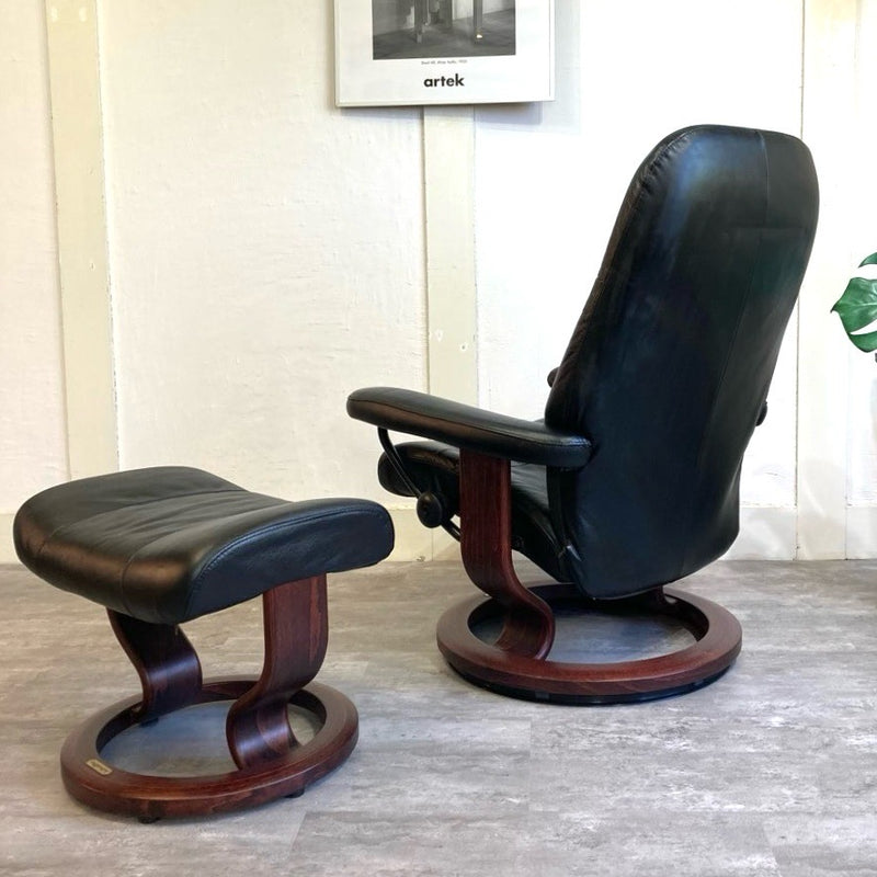 エコーネス / EKORNES ストレスレスチェア ストレスコンサル / Stressless Consul&オットマン Sサイズ  クラシックベース 本革張り 中古