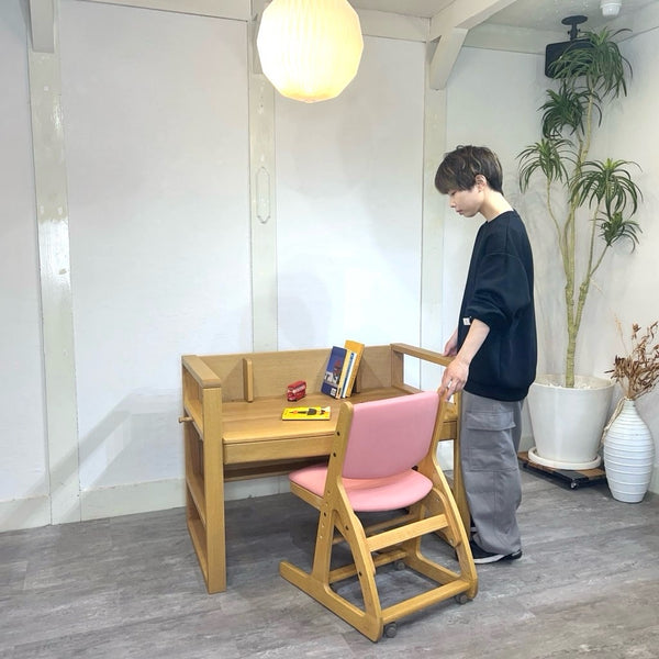 浜本工芸 学習机 NO.16＆デスクチェア セット ピンク 天板の高さが変えられる勉強机