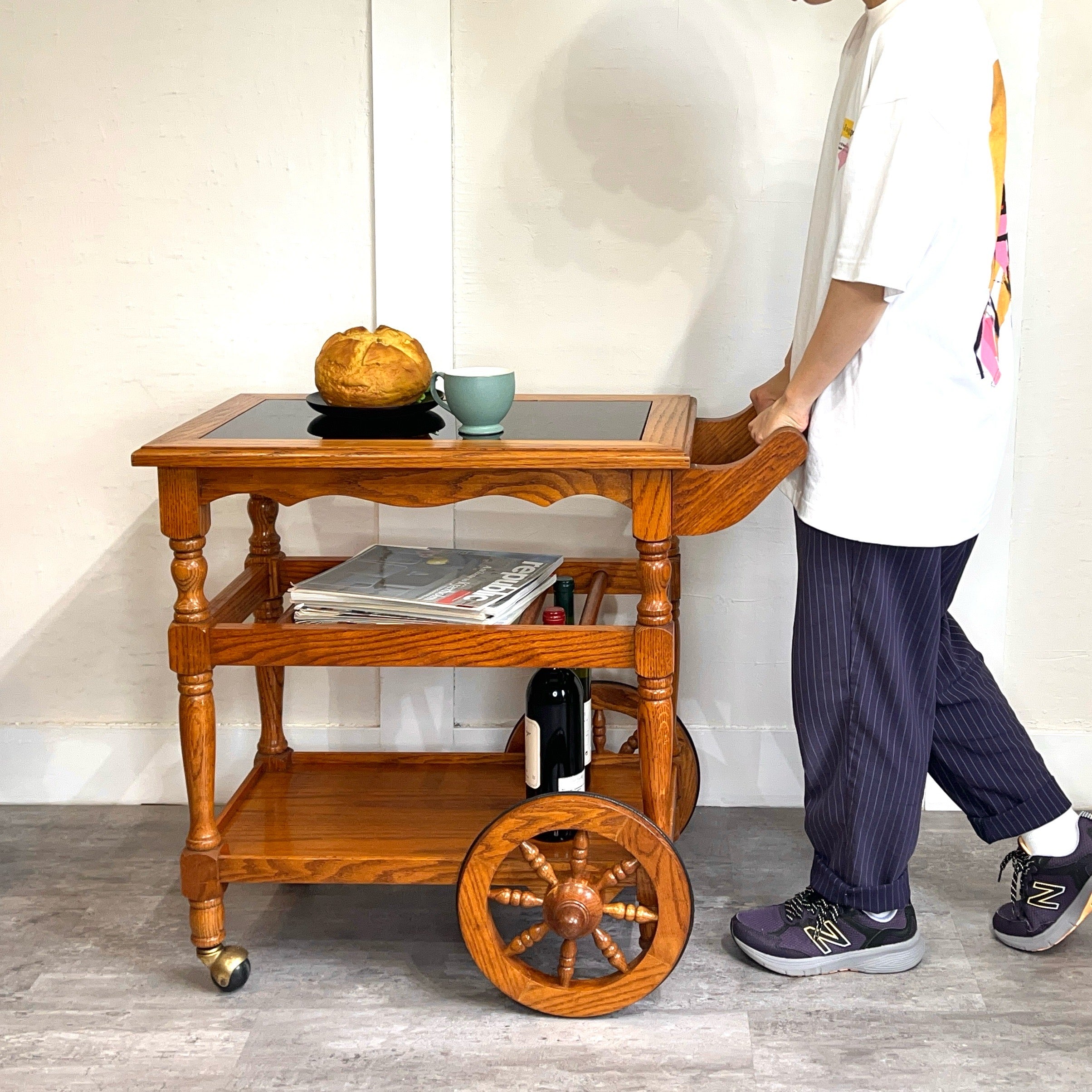 木製ワゴン　北欧レトロ　キッチンカート　トローリーワゴン　※直接引き取り可 オーク材 トローリーワゴン キッチンワゴン キャスター付き かわいい
