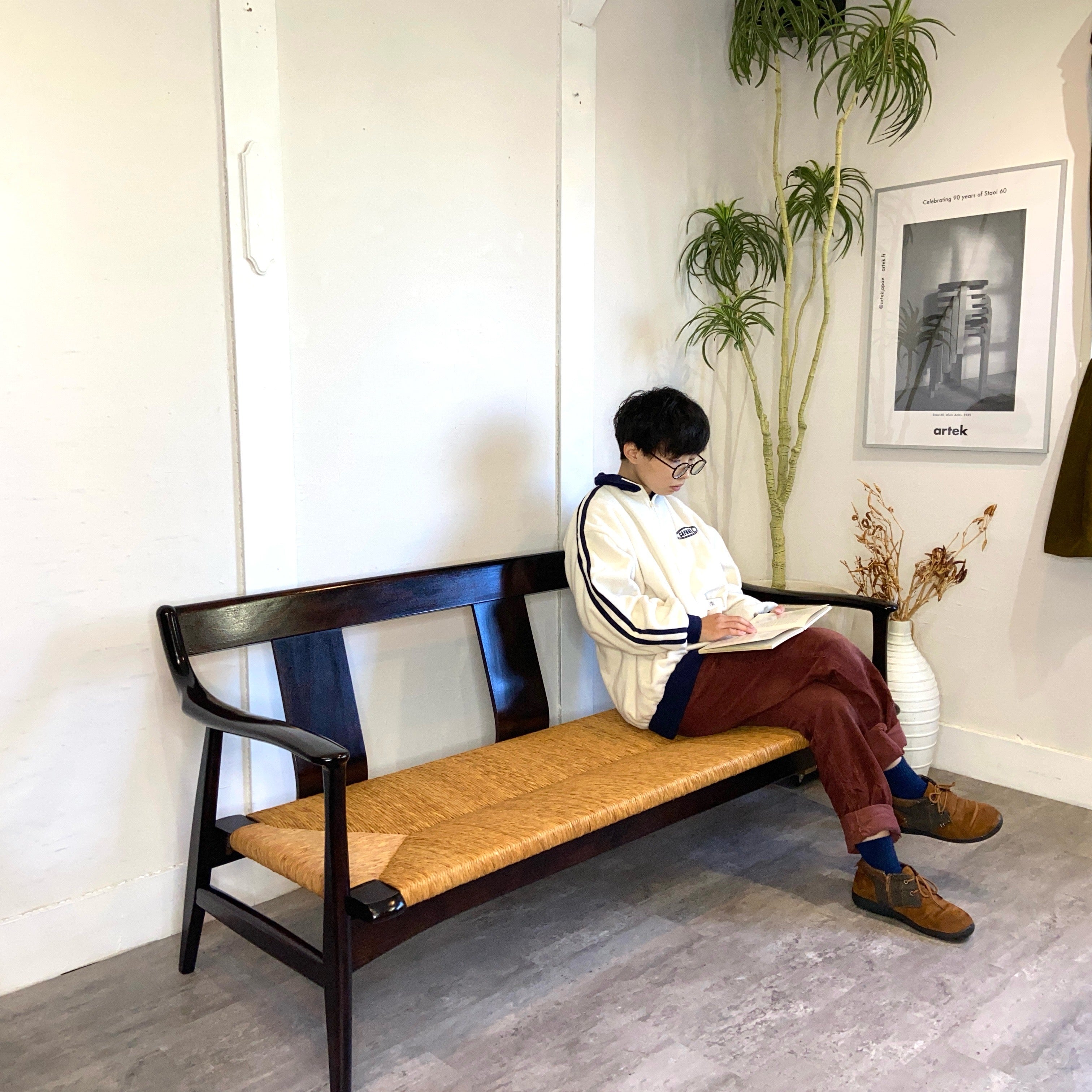 松本民芸家具 ラッシチェア #77型 曲肘椅子 3P ヴィンテージ　
