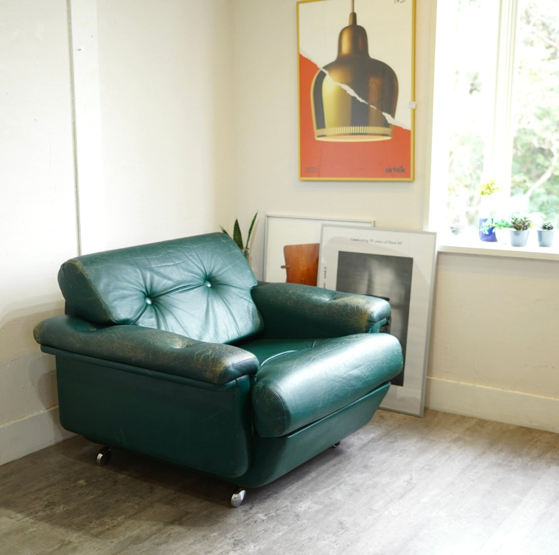 アスコ / ASKO 北欧 1人掛けソファ 1P グリーン 本革 キャスター付き ヴィンテージ
