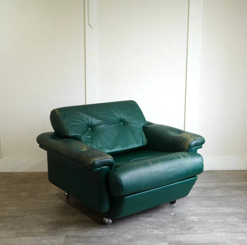 アスコ / ASKO 北欧 1人掛けソファ 1P グリーン 本革 キャスター付き ヴィンテージ