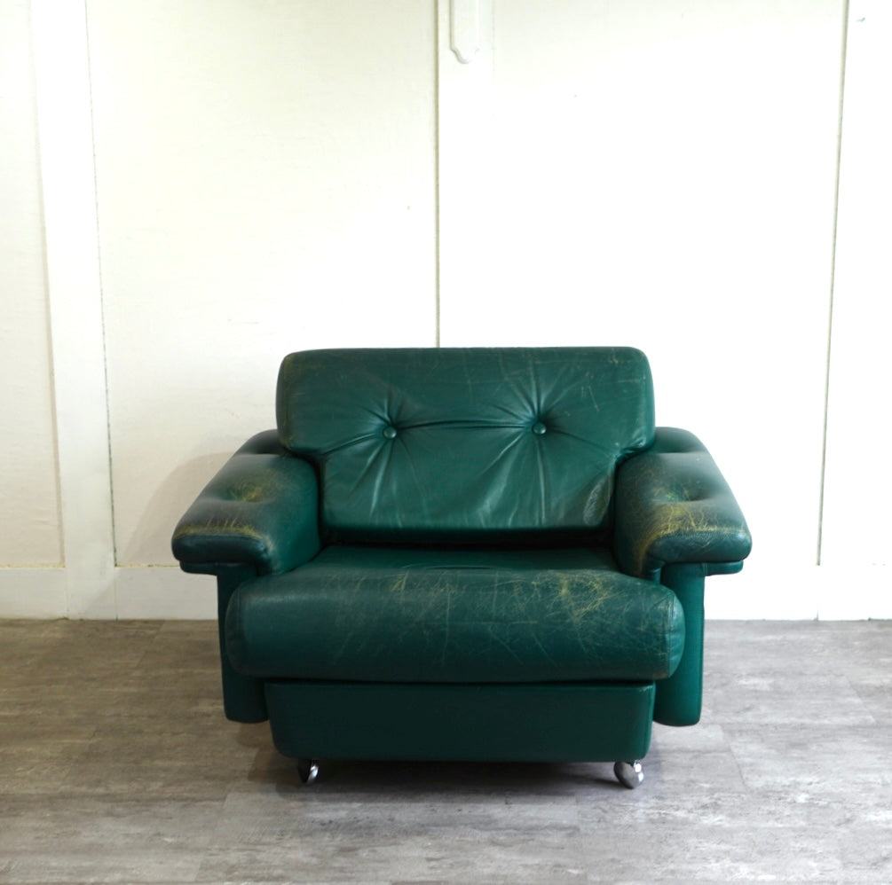 アスコ / ASKO 北欧 1人掛けソファ 1P グリーン 本革 キャスター付き ヴィンテージ