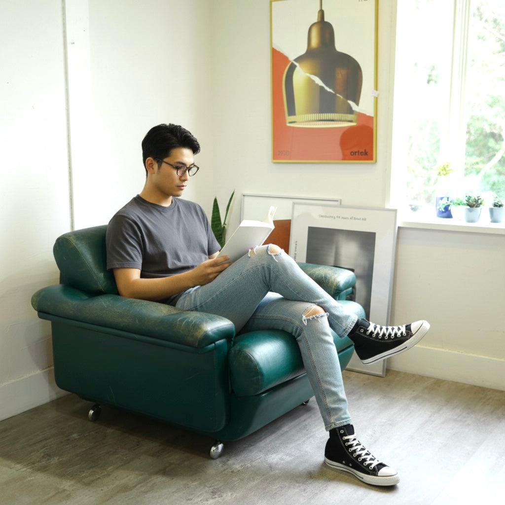 アスコ / ASKO 北欧 1人掛けソファ 1P グリーン 本革 キャスター付き ヴィンテージ