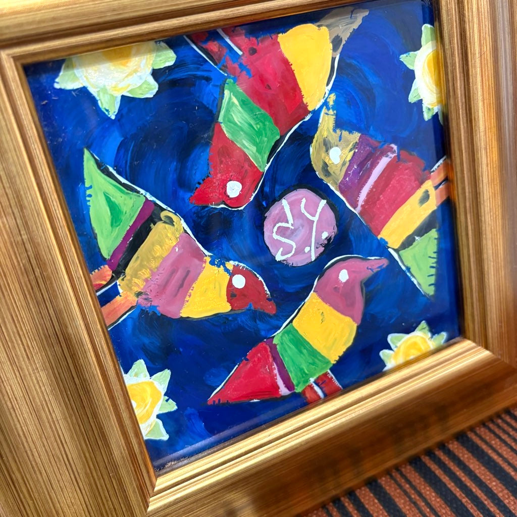 柚木沙弥郎 ガラス絵 「小鳥の森」 1996年