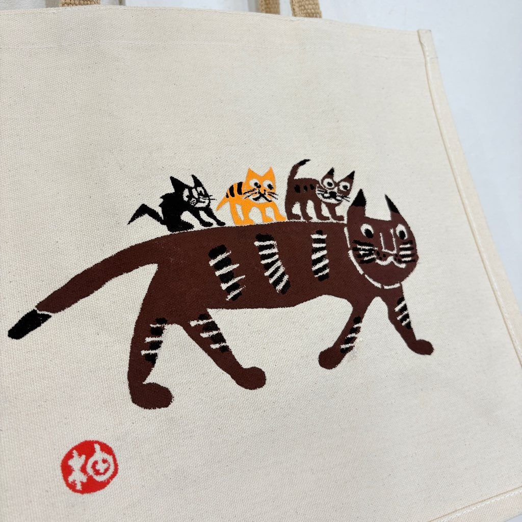 柚木沙弥郎 型染め バッグ 茶色い猫と3匹の子猫 かばん 未使用 トート