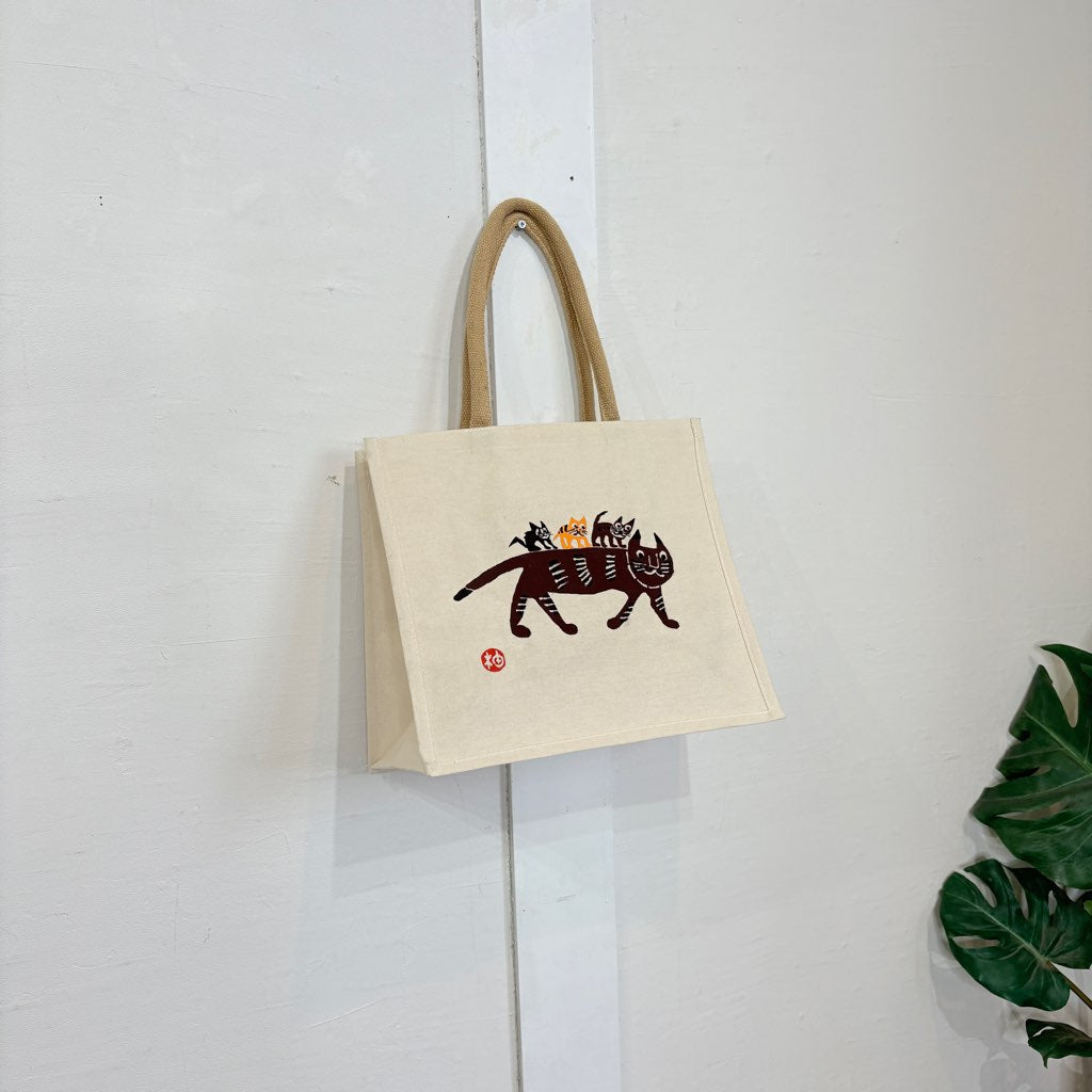 柚木沙弥郎 型染め バッグ 【中】茶色い猫と3匹の子猫 かばん 新品未使用