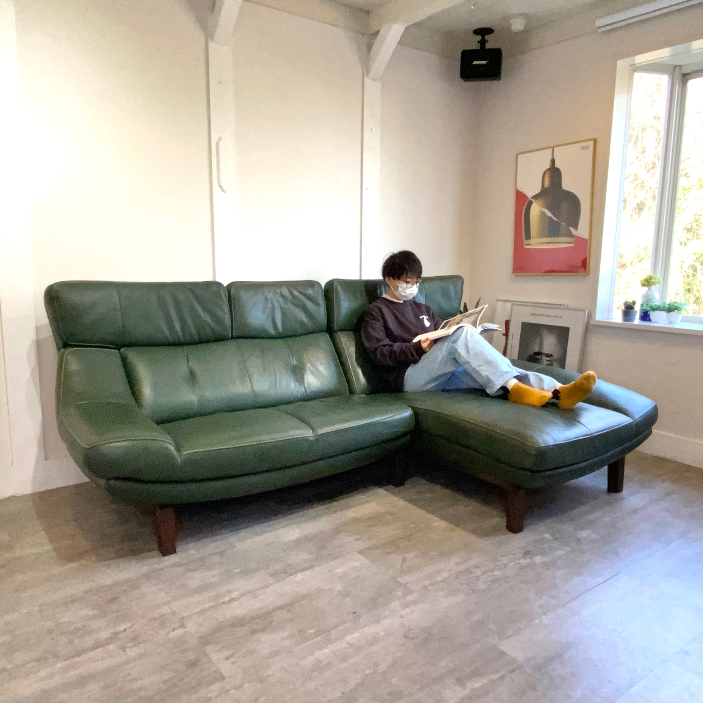 カリモク / karimoku ハイバック カウチソファ 本革 グリーン