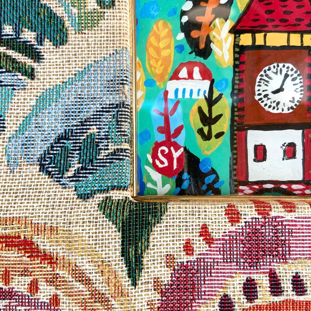 柚木沙弥郎「時計台の森」ガラス絵 肉筆 直筆サイン入 共シール 民藝 人気染色家 柚木沙弥郎「時計台の森」ガラス絵 肉筆 直筆サイン入 共シール 民