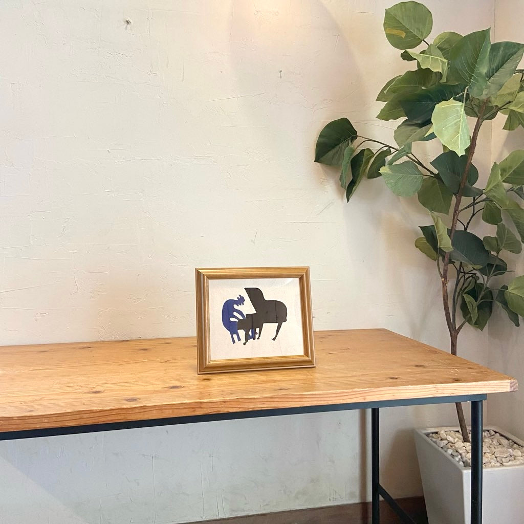 柚木沙弥郎 型染め絵 ピアノを弾く男性 額入り布 30×25