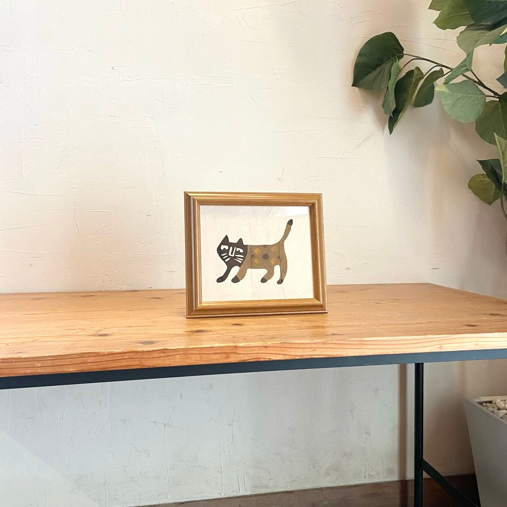 柚木沙弥郎 型染め絵 サビ猫 額入り布 30×25