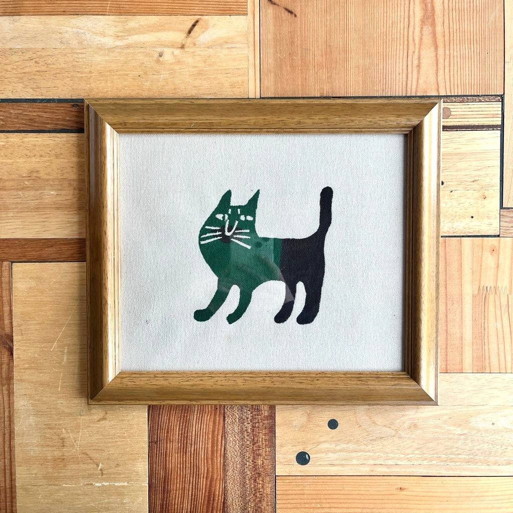 柚木沙弥郎 型染め絵 緑と黒の猫 額入り布 30×25