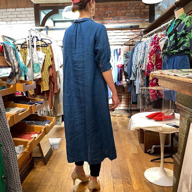 【古着】アトリエナルセ / atelier naruse  リネンファーマーズワンピ / linen farmers one-piece ブルー