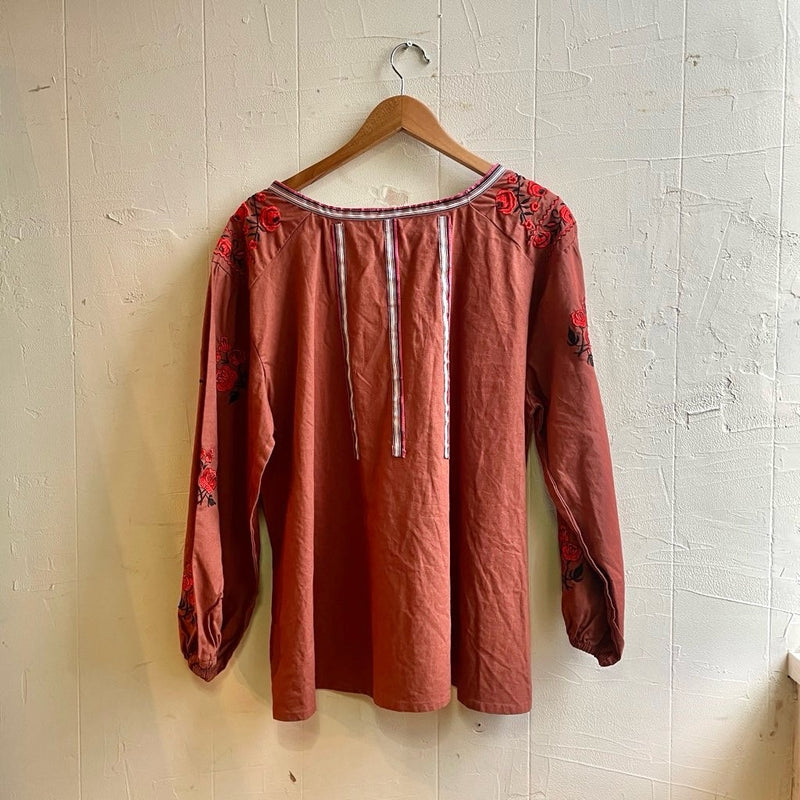 古着】刺繡袖ブラウス バラ柄 オレンジ ブラウン 花柄トップス 