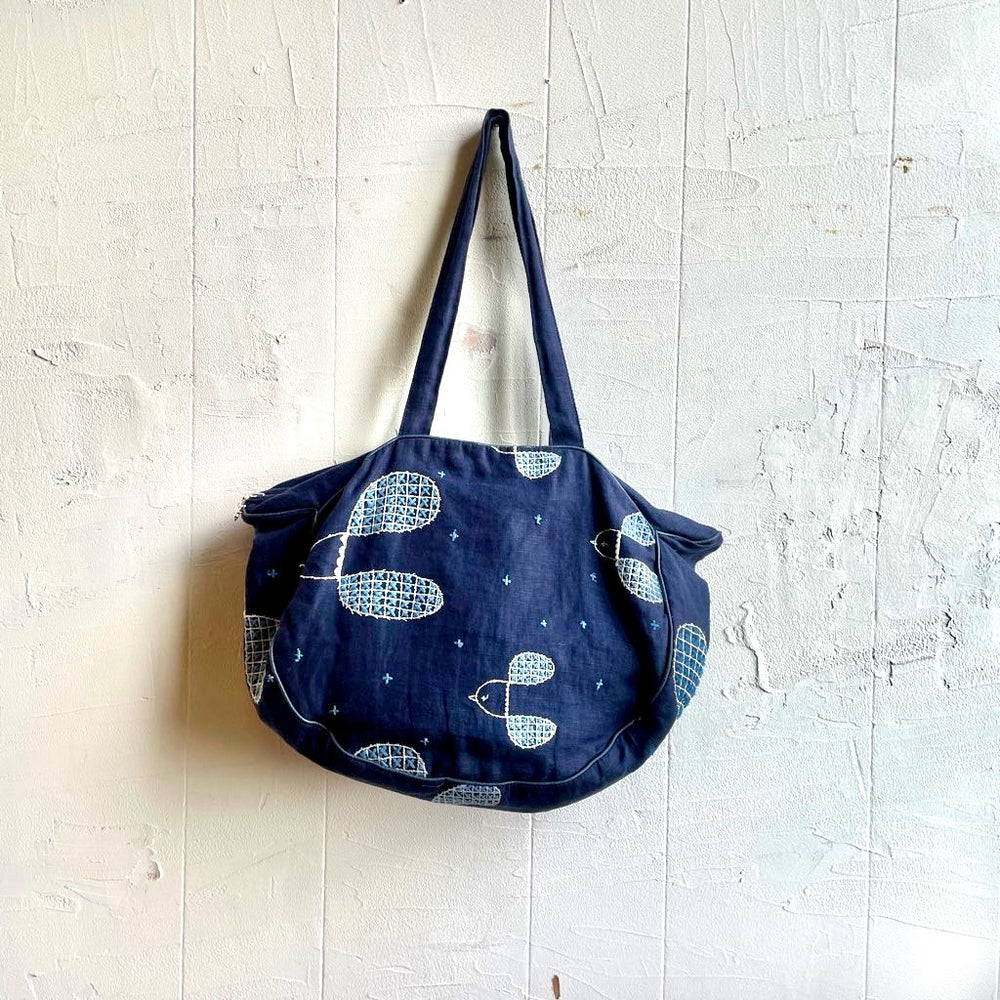 中古品、MARNIマルニ フラワーカフェ ストライプトートバッグ ブルー