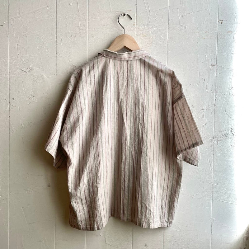 【古着】アトリエナルセ / atelier naruse コットン リネン マルチ ストライプ スモック ブラウス h02060 グレー