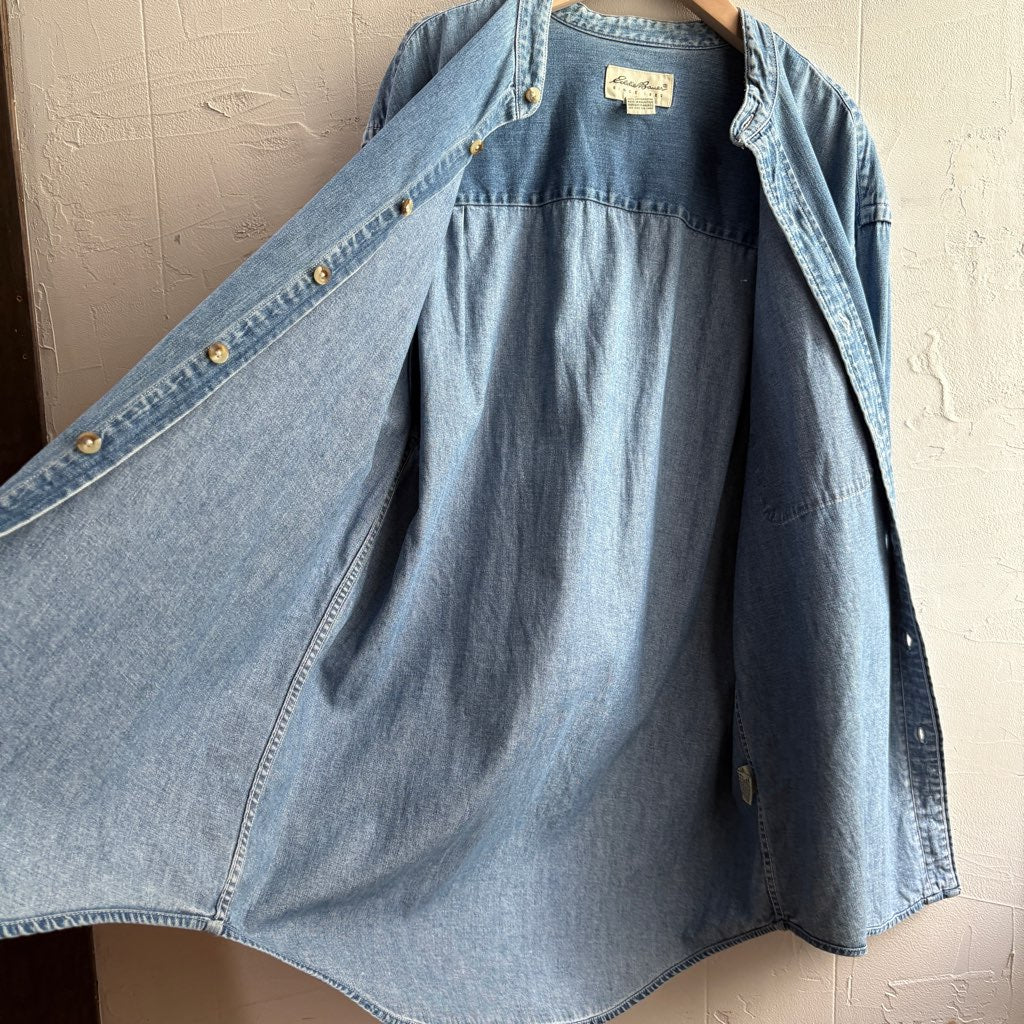 【古着】Eddie Bauer 90's デニムシャツ ノーカラーシャツ　