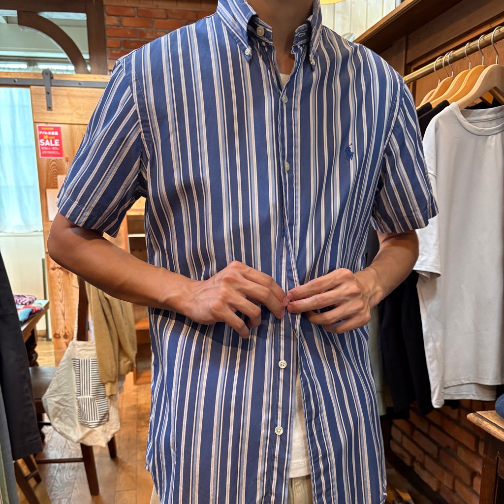 【古着】90‘s ラルフローレン / Ralph Lauren ブルー  ストライプ シャツ 半袖