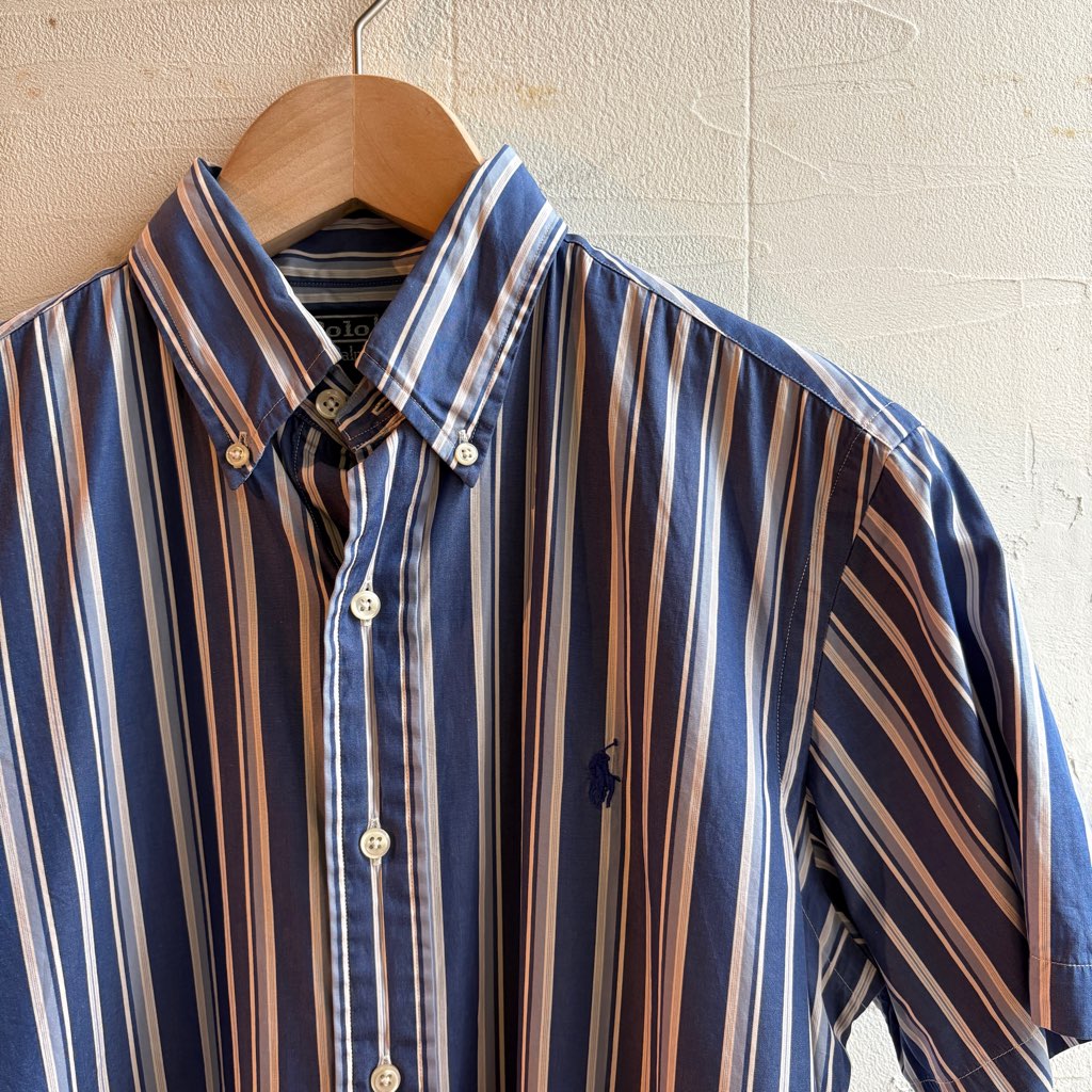 【古着】90‘s ラルフローレン / Ralph Lauren ブルー  ストライプ シャツ 半袖
